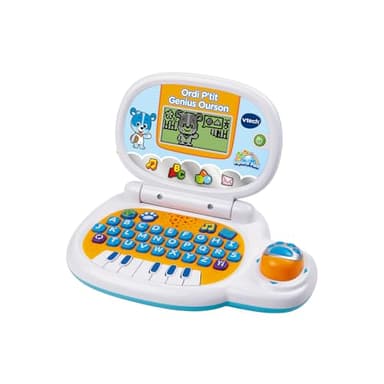 VTech - Ordi P'tit Genius Ourson Bleu, Ordinateur Portable Enfant avec Écran Rétroéclairé, Souris, 10 Jeux Évolutifs, Jouet Éducatif, Cadeau Enfant de 2 Ans à 5 Ans - Contenu en Français