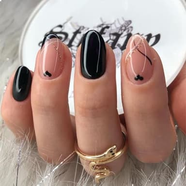 GlamRays Lot de 24 faux ongles courts ovales à coller, en forme de cœur, noir brillant, rose nude avec paillettes dorées