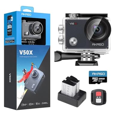 AKASO V50 X Caméra de Sport avec Carte Mémoire microSDXC U3 128 Go, Action Camera Sport 4K 30FPS Ultra Full HD Stabilisateur avec Télécommande Écran Tactile Angle Réglable Kit d'Accessoires