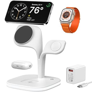 EXW Chargeurs à Induction 4 en 1, Chargeur Mag-Safe avec Lampe, Magnétique Station de Chargeur sans Fil Rapide pour iPhone 17 16 15 14 13 12 Pro Max/Plus/Air, Apple Watch, AirPods-Blanc
