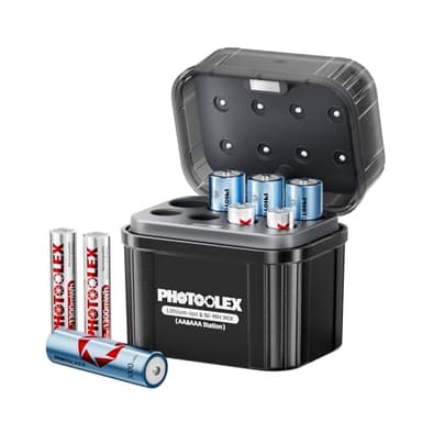 PHOTOOLEX Piles Rechargeables 4 AA et 4 AAA Lithium avec Chargeur Hybride, 1,5V Triple A & Double A Batteries Rechargeables, Li-ION Piles avec Chargeur Ni-MH/Lithium Hybride et Boîte de Stockage