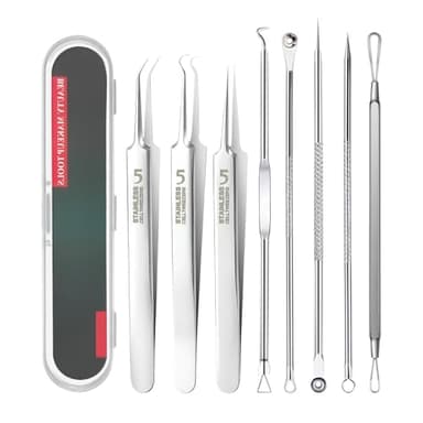 Extracteur Point Noir, 8 Pièces Tire Comédons Pince Professionnels en Acier Inoxydable pour Enlever Boutons, Acnés, Boutons sur le Visage - Blackhead Remover Outil avec Étui