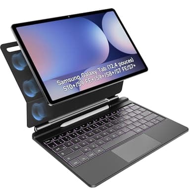 HOU étui clavier pour Samsung Galaxy Tab S10+/S9 FE+/S9+/S8+/S7 FE/S7+ (12,4 pouces) Clavier magnétique flottant avec trackpad multi-touch, support pour stylo S, rétroéclairage 7 couleurs-AZERTY, Noir