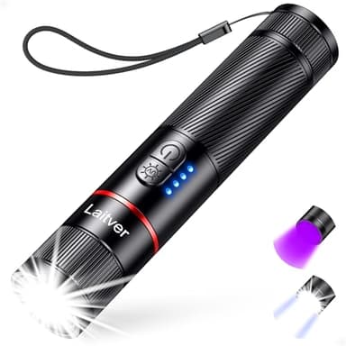 Lampe Torche LED/Torche UV 2 en 1,Laitver Lampe de Poche Rechargeable Ultra Puissante avec 395nm Ultraviolette Noire-6 Modes, Zoomable, Étanche, Longue Durée pour Éclairage, Détecteur d'urine Animaux