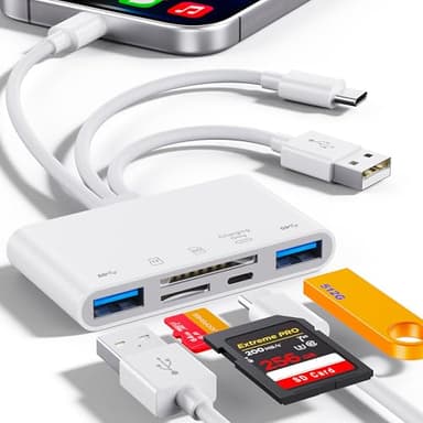 Lecteur de Carte mémoire 5 en 1, Adaptateur USB OTG et Lecteur de Carte SD pour iPhone/iPad, appareils USB C et USB A avec emplacements pour Carte Micro SD et SD, Prend en Charge SDHC/SDXC(White)
