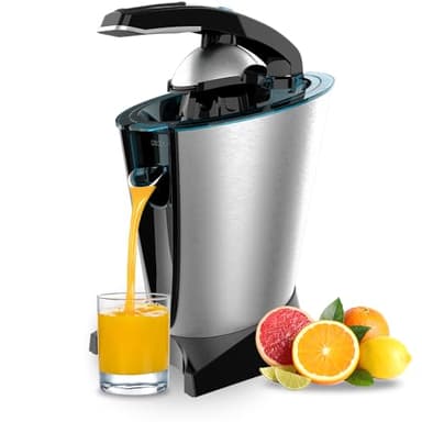 Cecotec Presse-agrumes électrique à bras EssentialVita Hyden 600 Steel. 600 W, filtre en acier inoxydable, 2 cônes amovibles, levier de pression, système anti-goutte, compatible lave-vaisselle.