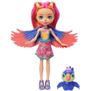 Enchantimals Sunshine Beach, Trippi Toucan et son animal de compagnie Canopy, mini-poupée avec jupe amovible et accessoires, cadeaux pour enfants, HRX83