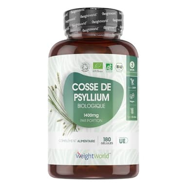 Psyllium Blond Bio 180 Gélules Vegan Pour 3 Mois -Tégument de Graine de Plantago Ovata - Cosse de Psyllium Husk Riche en Fibre Alimentaire, Alternative à la Poudre - Sans Gluten & OGM, Fabriqué en UE