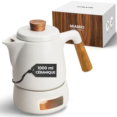 MIAMIO - Ensemble Théière avec Réchauffage / 1L / 1000 ml Bouilloire avec Infuseur pour l'infusion des feuilles de thé en vrac - Cadeau pour les femmes/amateurs de thé (Blanc)