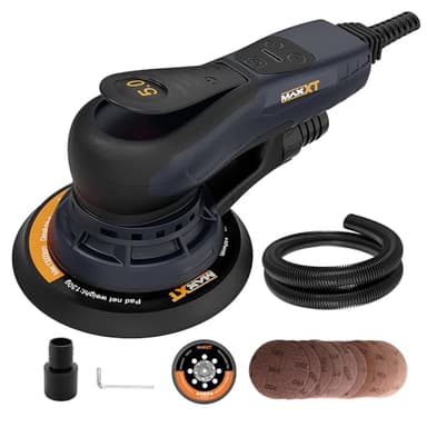 MAXXT Ponceuse excentrique 150 mm sans balais avec raccord tri-noyaux, course excentrique 5,0 mm, frein automatique (2 s), 6 vitesses réglables, 10 papiers abrasifs et 5 m de câble