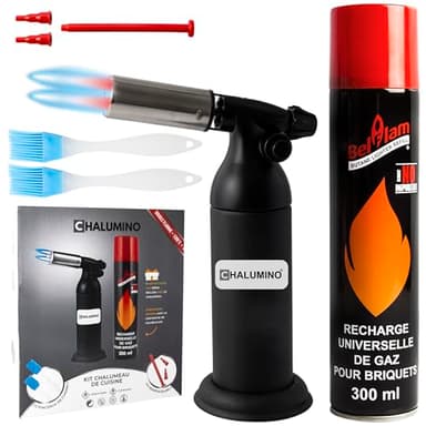 CHALUMINO Chalumeau de Cuisine Kit Complet avec Bouteille de Gaz 300ml + 2 Pinceaux Inclus, Chalumeau à 2 Sorties de Flamme Rechargeable en Butane pour Crème Brûlée, Pâtisserie et Barbecue