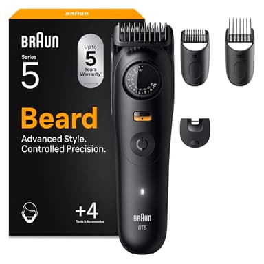 Braun Tondeuse À Barbe Series 5, + 4 Outils Pour Créer Son Style, Lame Ultra-Affûtée, 120 Min D'autonomie, 40 Longueurs, Étanche, Molette De Précision Et Verrouillage, BT5520, Noir
