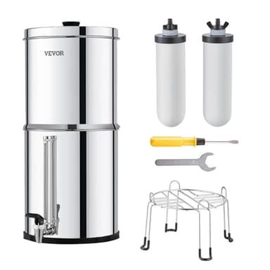 VEVOR Système de Filtration d'Eau par Gravité 8,5 L, Filtre à Eau par Gravité Réduction du Plomb et jusqu'à 99% du Chlore, en Inox 304, 2 Filtres à Charbon et Céramique, Niveau d’Eau, Robinet