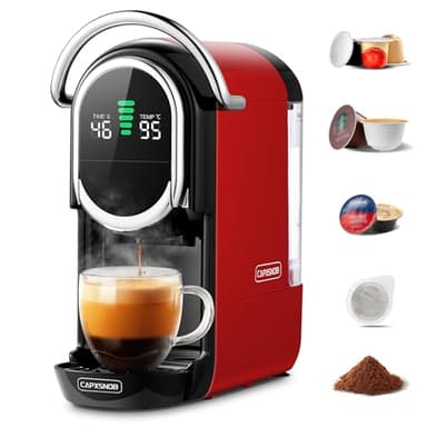 Magician1 Machine à café Capsules pour Nespresso, Dolce Gusto, Lavazza A Modo Mio, Dosettes ESE 44mm et Café Moulu, Température et Taille Tasse Réglable, 20Bar, Cafetière Chaud ou Froid (Rouge)