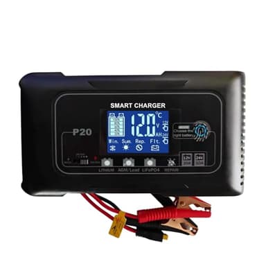 Chargeur et mainteneur de Batterie Intelligent 12V/24V 20A, Chargeur P20 4 Modes Lithium/AGM/Plomb-Acide/LiFePO4 avec écran LCD et réparation par impulsions, pour Voitures, Motos et Bateaux