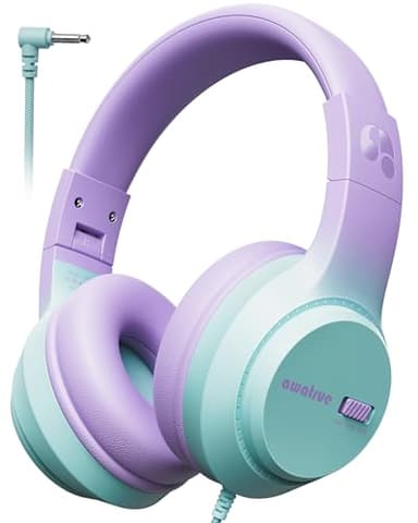 awatrue Casque Audio Enfant, 74/85/94dB Volume Sécurisé Casque Filaire Enfant, Son Stéréo, Pliable, 3.5 mm Jack Over Ear Casque pour Enfants pour Ipad/Voyage/Tablette/Téléphone (Violet Vert)