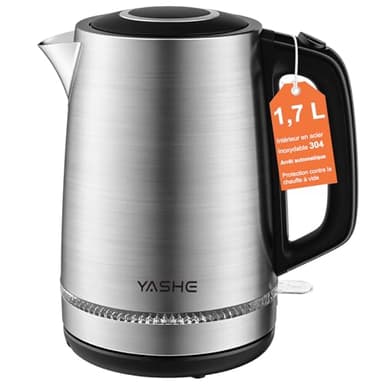 YASHE Bouilloire Électrique en Acier Inox 1,7L, 2200W Ébullition Rapide, Bouilloire Métal avec Filtre Anticalcaire, Arrêt Automatique et Protection contre l'Ébullition à Sec, Argent