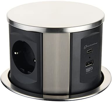 Electraline 62571 Prise Rétractable 3 Voies Avec 2 USB (Type A + Type C 15,5 W), Câble 2 m, Plan de Travail Intégré, Multiple, D 120 mm