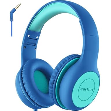 EarFun Casque Audio Enfant Filaire, Limiteur de Volume 85 DB, Jack 3,5 mm, Partage Audio, Son Stéréo, Arceau Réglable, Pliable, Casque Enfants pour École/Voyage/Téléphone, Bleu Vert
