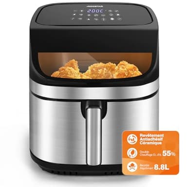 Aigostar Air Fryer XXL 8,8L Airfryer 2200W, Double Résistance, Économie d'Énergie 55%, Friteuse sans Huile 13 Programmes, Intérieur Inox, Écran Tactile Digital & Fenêtre, Communauté Recettes, Noir