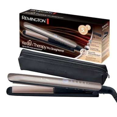 Remington Lisseur Cheveux [Innovation: Capteur de Protection contre la chaleur] Keratin Therapy (Soin Kératine & Huile d'Amande, Céramique, Ecran LCD, 160-230°C, pochette) Fer à lisser S8593