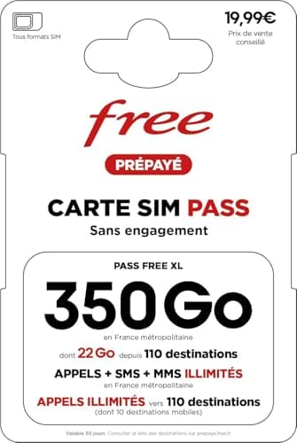Carte SIM Free Pass XL : Forfait 350 Go 5G Ultra-Data + Appels/SMS Illimités & 22 Go depuis 110 destinations (incl. USA & Chine) – Offre Mobile Sans Engagement