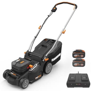 WORX Tondeuse à Gazon sans Fil 40V WG737E, Surface Max de 600 m², Lame de 37cm, Sac de 40L, Coupe jusqu'aux Bordures, 6 Hauteurs de Coupe, Livrée avec 2 Batteries 4Ah et Chargeur Double Rapide