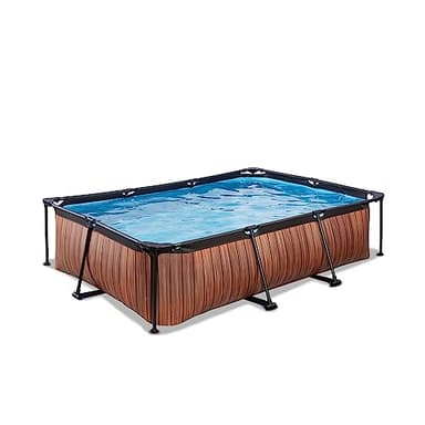 EXIT TOYS Piscine en Bois - 300 x 200 x 65 cm - Rectangulaire et compacte - avec Pompe à Filtre à Cartouche - Facile d'accès - Convient pour Les Tout-Petits - Cadre Solide - Design Unique - Marron