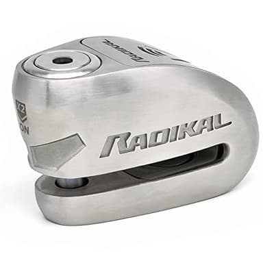 RADIKAL RK910S Antivol Moto Homologué SRA, Bloque Disque Alarme Premium X2-ON, Serrure Haute Sécurité Anti-Perçage Anti-Crochetage, Double Verrouillage 10mm, Bloc Acier Inox Anti Vol pour Moto Scooter