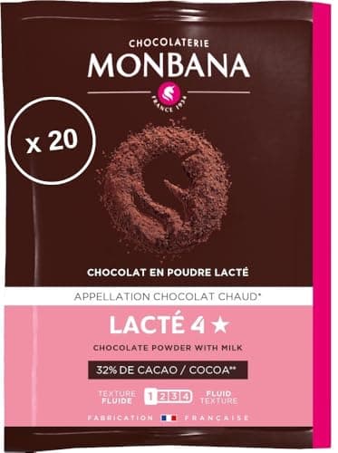 Monbana – Chocolat en poudre Lacté 4 Étoiles - 20 Sachets Individuels – Boisson Instantanée