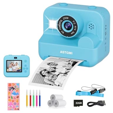 Appareil Photo Enfant, Appareil Photo Instantané 2.4" Écran avec Papier d'impression et Carte 32GB, Mode Video et Selfie, Jouet Cadeau pour Filles Garçons Enfant de 3-14 Ans(Bleu)