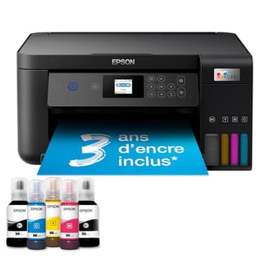 Epson Imprimante EcoTank ET-2851 avec réservoirs, Multifonction 3-en-1: Imprimante recto verso / Scanner / Copieur, A4, Jet d'encre couleur, Wifi Direct, Ecran, Faible coût par page, Compact