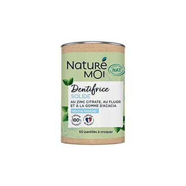 Naturé moi - Dentifrice Solide Pastille à Croquer Menthe Fraîche Au Zinc Citrate, Fluor et Gomme d'Acacia 100 pourcent d'Origine Naturelle, Menthe, Blanc, 60 pastilles