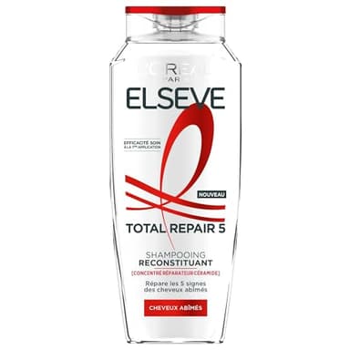 L'Oréal Paris - Shampooing Reconstituant - Répare & Renforce la Fibre - Pour Tous Types de Cheveux Abîmés - Enrichi en Concentré Réparateur Céramides - Elseve Total Repair 5-400 ml