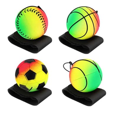 AHQiZFX Lot de 4 Balles de Retour au Poignet Avec Cordon - Balle à Sauter, Rebondissante en Caoutchouc, de Sport Sur Ficelle pour Enfants