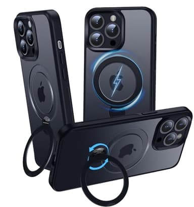 OLHAOMAO Coque pour iPhone 14 Pro Max 360 Ajustable Support Compatible avec MagSafe, Noir Mat Translucide Case Anneau Magnétique Invisible Etui Antidérapant & Antichoc pour 14 Pro Max