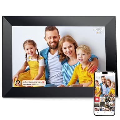 FRAMEO Cadre Photo Numérique WiFi VESWWE 10,1 Pouces 1280x800 IPS Écran Tactile Mémoire Intégrée 32 Go Rotation Automatique Partagez des Photos et des vidéos à l'aide de l'application Frameo