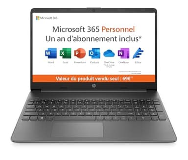 HP 15s-fq0003sf Ordinateur Portable 15,6" FHD, PC Portable (Intel Celeron N4120, RAM 4 Go, SSD 128 Go, Intel UHD Graphics, Windows 11), Laptop Gris, AZERTY, Microsoft 365 Personnel 12 Mois Inclus