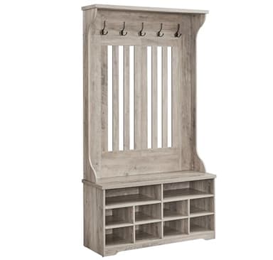 VASAGLE Meuble d’Entrée, Porte-Manteau avec Banc à Chaussures, Vestiaire, Rangement pour Chaussures, 5 Crochets Triples, Gain de Place, pour Entrée, Couloir, Étagères Réglables, Grège Chiné HSR404T02