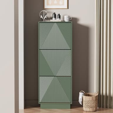 UEV Meuble à Chaussures Ultra-Mince à 3 Abattants - Armoire à Chaussures Design Rétro Vert avec Motifs Linéaires - Rangement Gain de Place pour Entrée et Couloir Étroit - 50 x 24 x 131cm