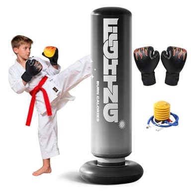 Flintronic Sac de Frappe Enfants avec Gants de Boxe, Punching Ball Gonflable Enfant, 120cm Sac de Boxe Stable, pour Maison Gym Entraînement Taekwondo, Cadeau Parfait pour Garçons & Filles - Noir