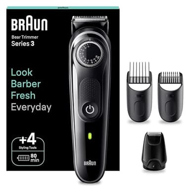 Braun Series 3 Tondeuse Électrique À Barbe Pour Hommes, Avec 4 Outils De Coiffage, Lame Ultra Aiguisée 40 Réglages De Longueur, Rechargeable 80 Min Sans Fil, BT3440