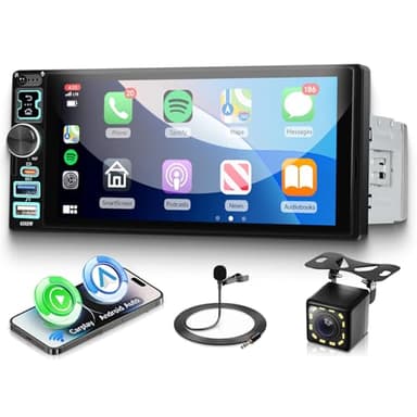 VECHTEL Autoradio 1 Din avec Carplay Android Auto sans Fil, Autoradio Carplay à IPS HD Écran Tactile de 6,8 Pouces, Radio FM, Support Mirror Link USB/Type-C Commandes au Volant Télécommande Caméra