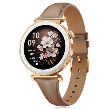 BOALZETD Montre Connectée Femme - Élégant Petit Poignet avec Écran AMOLED 1,19" Bracelet en Cuir Fin, Smartwatch avec Podometre, Cardiofrequencemetre/SpO2/Sommeil pour iOS/Android, Or Rose/Marron