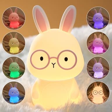 FAMIDUO Veilleuse Enfants Lapin Lampe, Silicone Veilleuse Bébés,Tactile Lumiere d'allaitement Dimmable avec 7 Couleurs, Veilleuses animaux LED Rechargeable Cadeaux pour enfants garçons et filles
