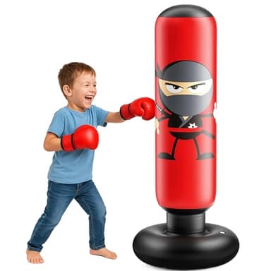 Sac de frappe pour enfant - Design ninja - 163 cm - Gonflable - Kit de boxe à rebond rapide pour karaté, taekwondo - Jouet pour garçons et filles de 3 à 12 ans - Rouge