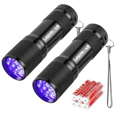 Lighting EVER Lepro Lampe UV, Lampe Torche UV 395nm LED Lumière Noire Ultraviolet, 6 Piles AAA Fournies pour Traceurs Fluorescents Chien Chat Tapis Détecteur Urine Scorpion Vérifie l'argent, Lot de 2