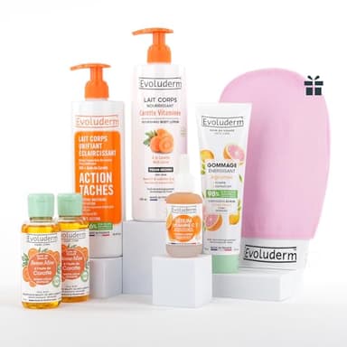 EVOLUDERM – Routine Éclat 6 produits Visage & Corps – 1 Lait + 2 Huiles + 1 Sérum Vitamine C + 1 Gommage Agrumes + 1 Lait Éclaircissant + Gant Exfoliant Offert – idée Cadeau - Fabrication Française