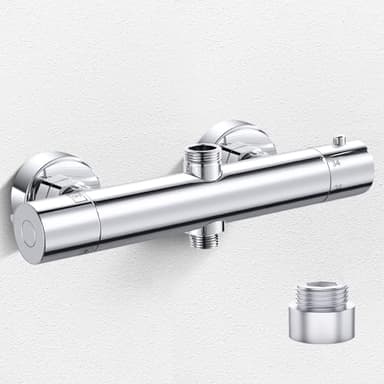 Mitigeur Douche Thermostatique 2 Sorties Robinet Douche Mitigeur Thermostatique Pour Douche & Colonne, Haut 3/4" BSP (26.4mm)+Bas 1/2"BSP (21mm), Robinet Thermostatique de Douche en Laiton, Chromé