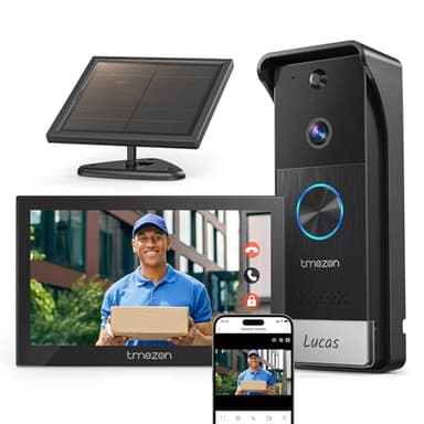 TMEZON Visiophone sans Fil avec Panneau Solaire,Kit Interphone Vidéo WiFi 1080P, Ecran Tactile Couleur 7’’, Sonnette Vidéo Extérieur,Audio Bidirectionnel,WiFi 2,4/5 GHz,PIR Détection de Humain